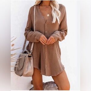 Vici Flawless Brown Button-up Oversized Kennedy Gauze Shirt Dress